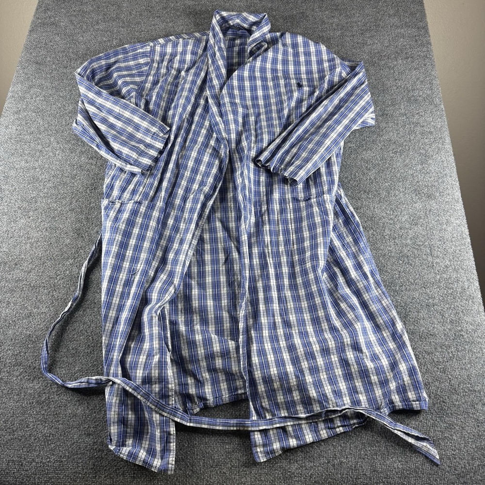 Polo Ralph Lauren Robe Mens M Blue Plaid Cotton Long Sleeve Belted Logo Lounge